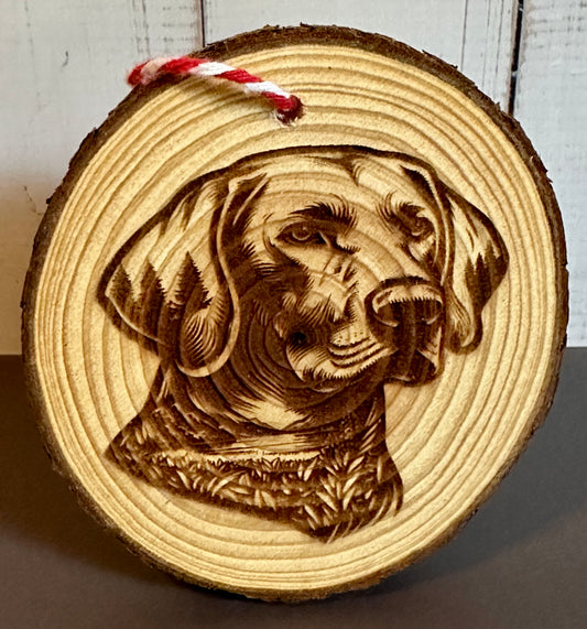 Engraved Live Edge Wooden Round Ornament - Labrador Retriever with Inner Wilderness Scene