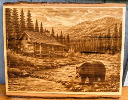 Plaque Live Edge Rectangular - Bear Near Log Cabin
