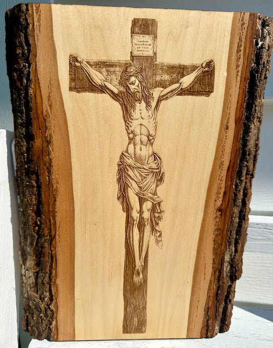 Jesus on Cross Live Edge Rectangular Plaque