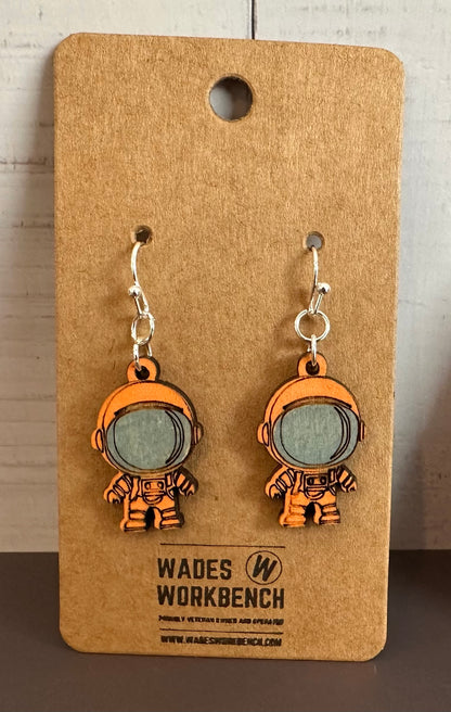 Wooden Engraved Dangle Earrings - Astronaut (One Pair)