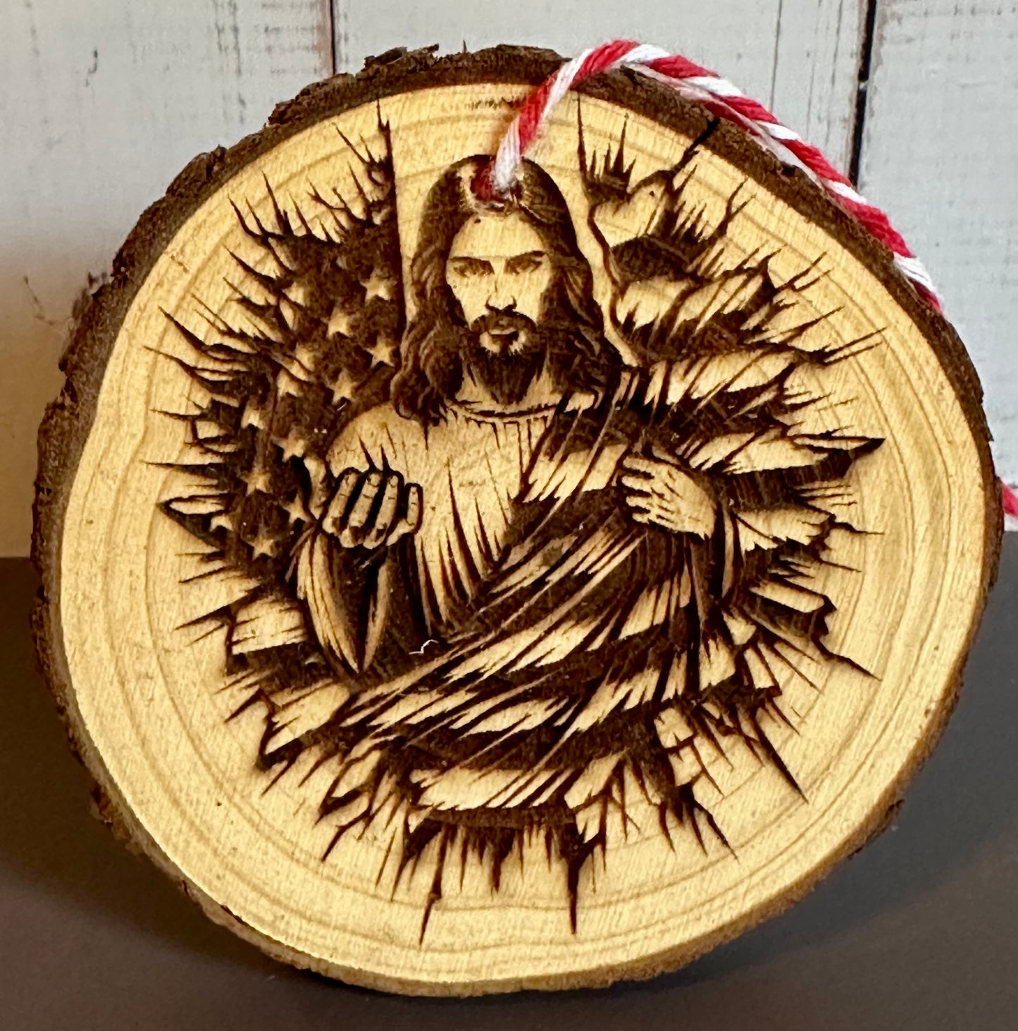 Engraved Live Edge Wooden Round Ornament - Jesus with Flag