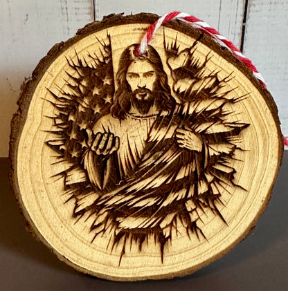 Engraved Live Edge Wooden Round Ornament - Jesus with Flag