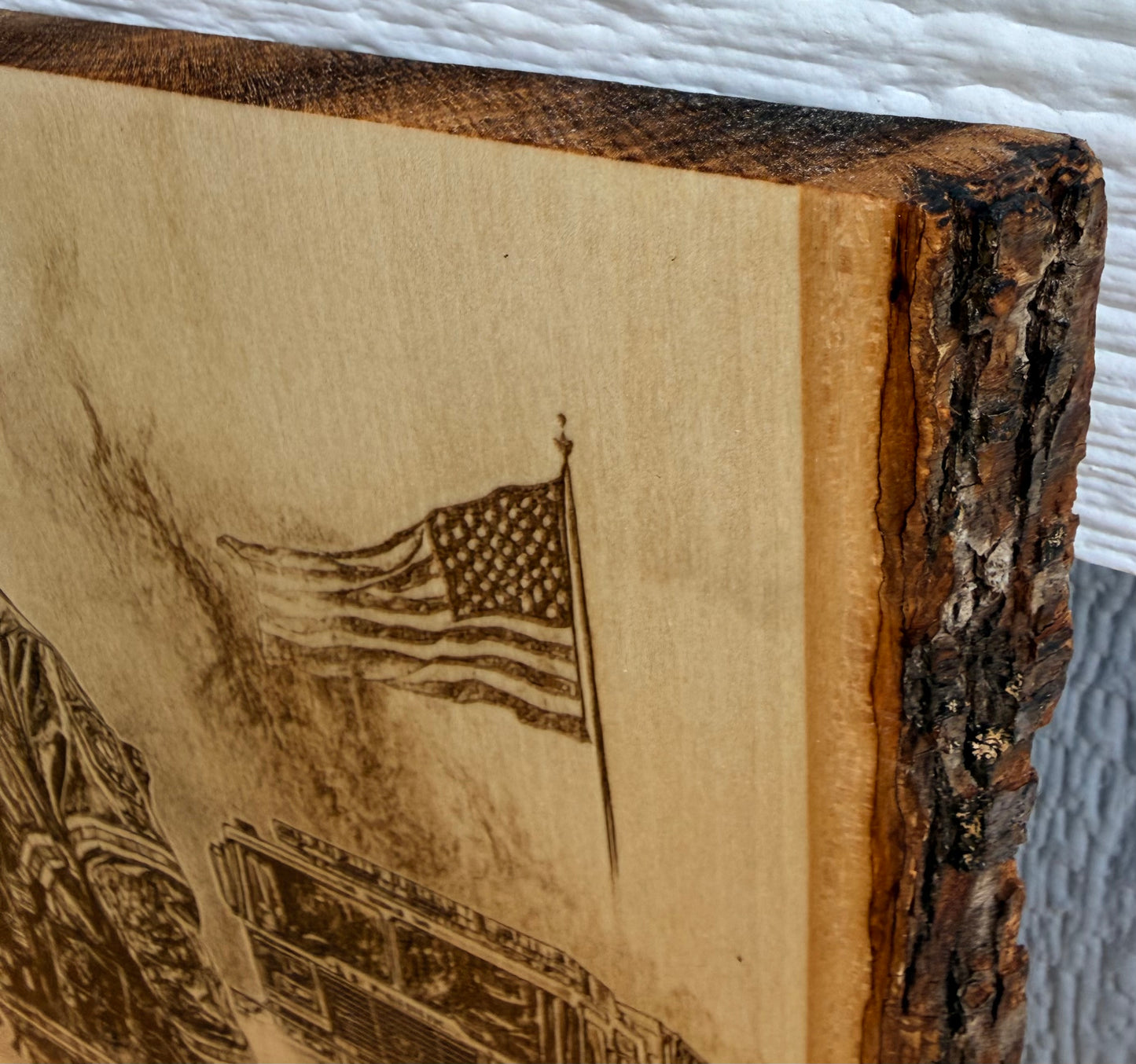 Plaque Live Edge Rectangular - Firefighter with Firetruck and Flag