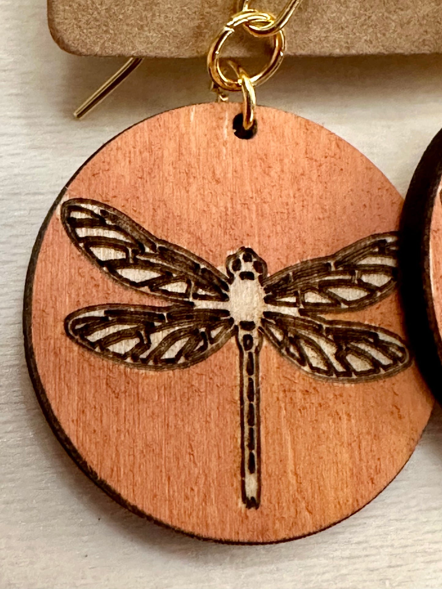 Wooden Engraved Dangle Earrings - Dragonfly Rounds