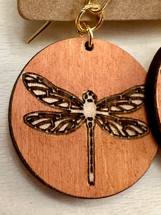 Wooden Engraved Dangle Earrings - Dragonfly Rounds