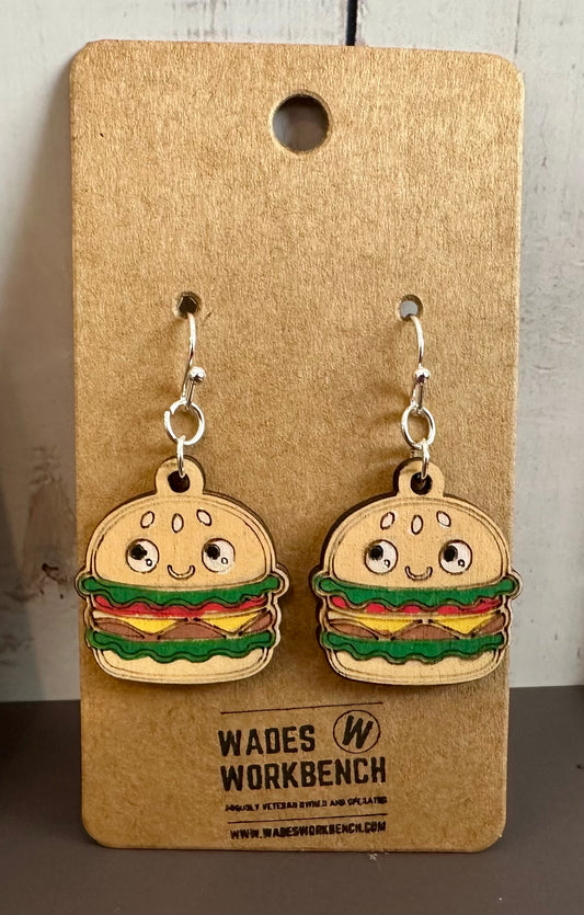 Wooden Engraved Dangle Earrings - Burger
