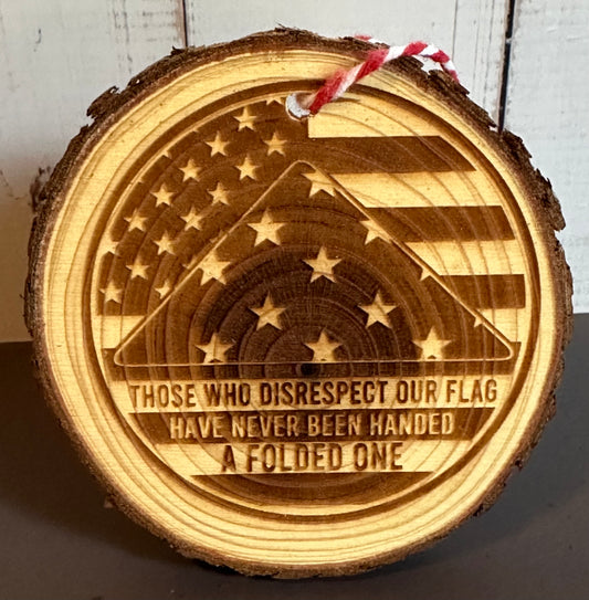 Engraved Live Edge Wooden Round Ornament - Folded Flag