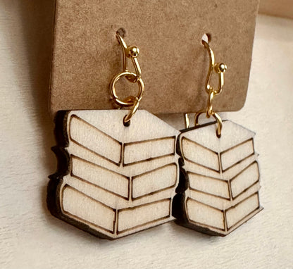 Wooden Engraved Dangle Earrings - Book Stack