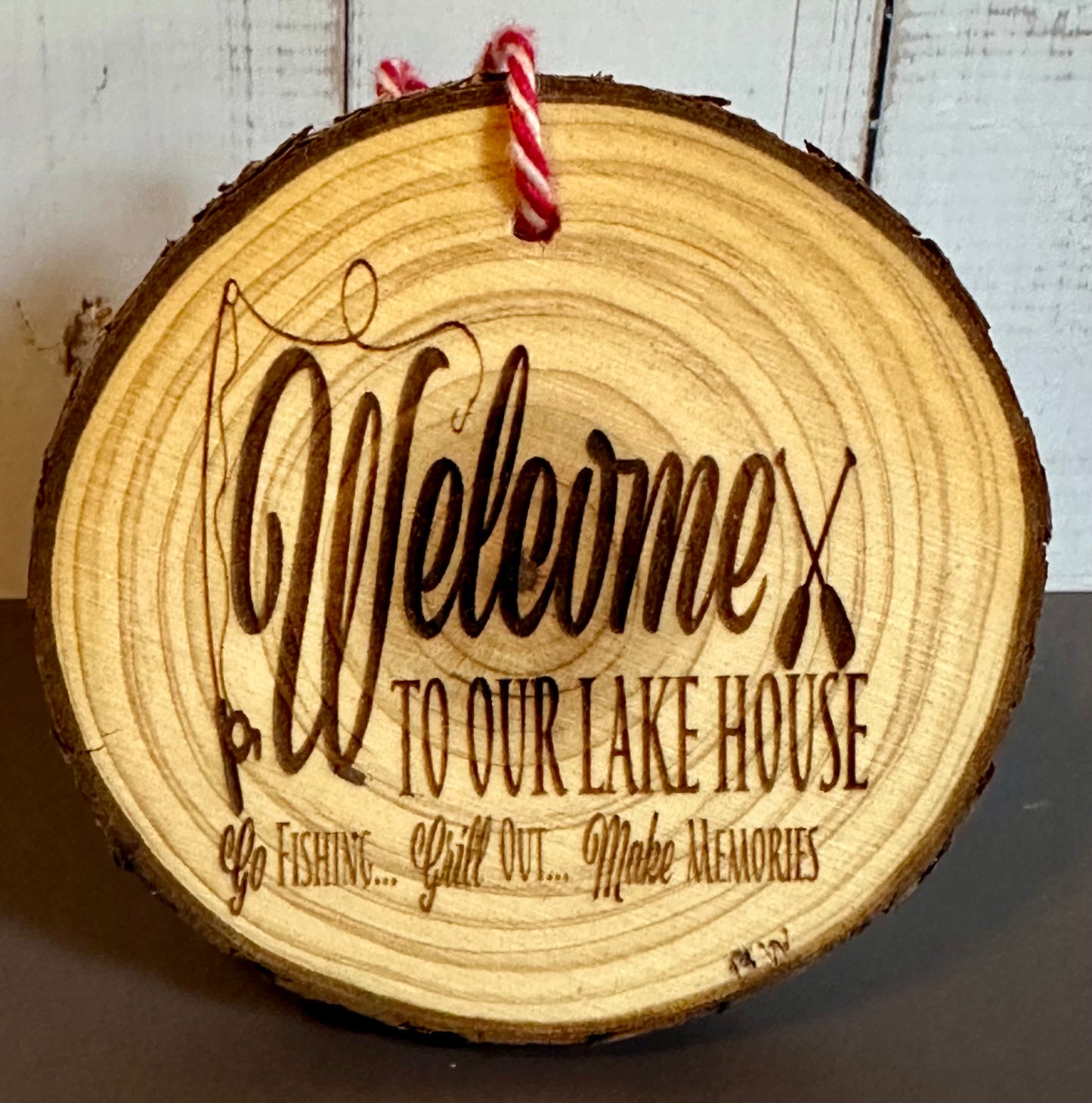 Engraved Live Edge Wooden Round Ornament - Welcome to Our Lake House