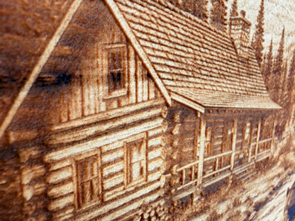 Plaque Live Edge Rectangular - Bear Near Log Cabin