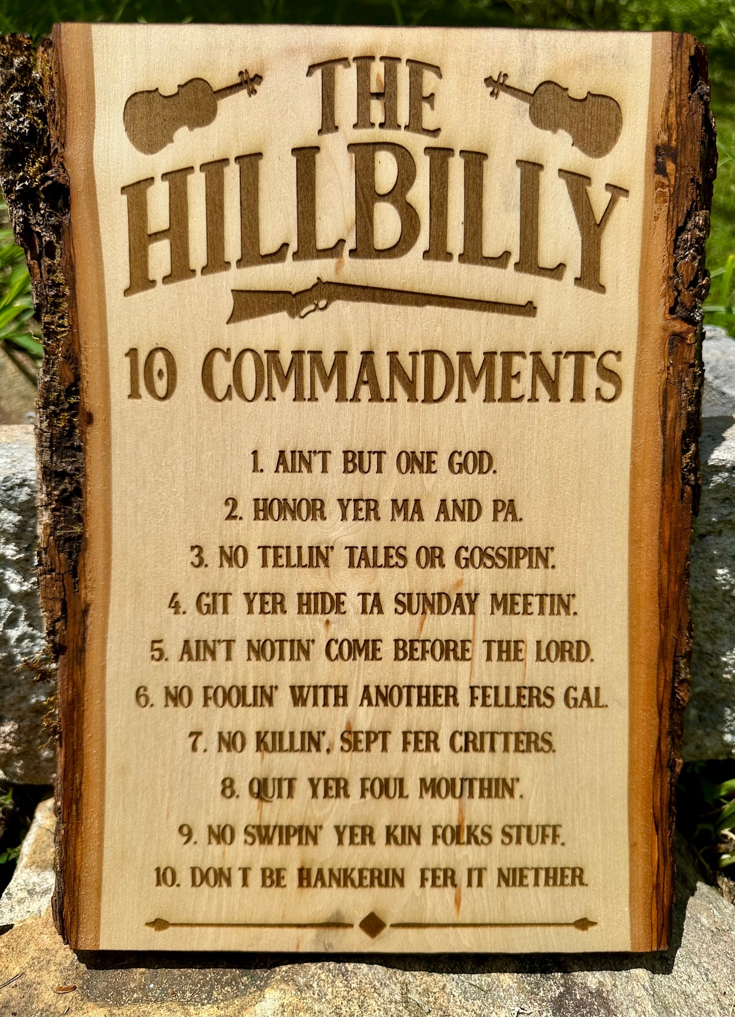 Hillbilly 10 Commamdments Live Edge Rectangular Plaque