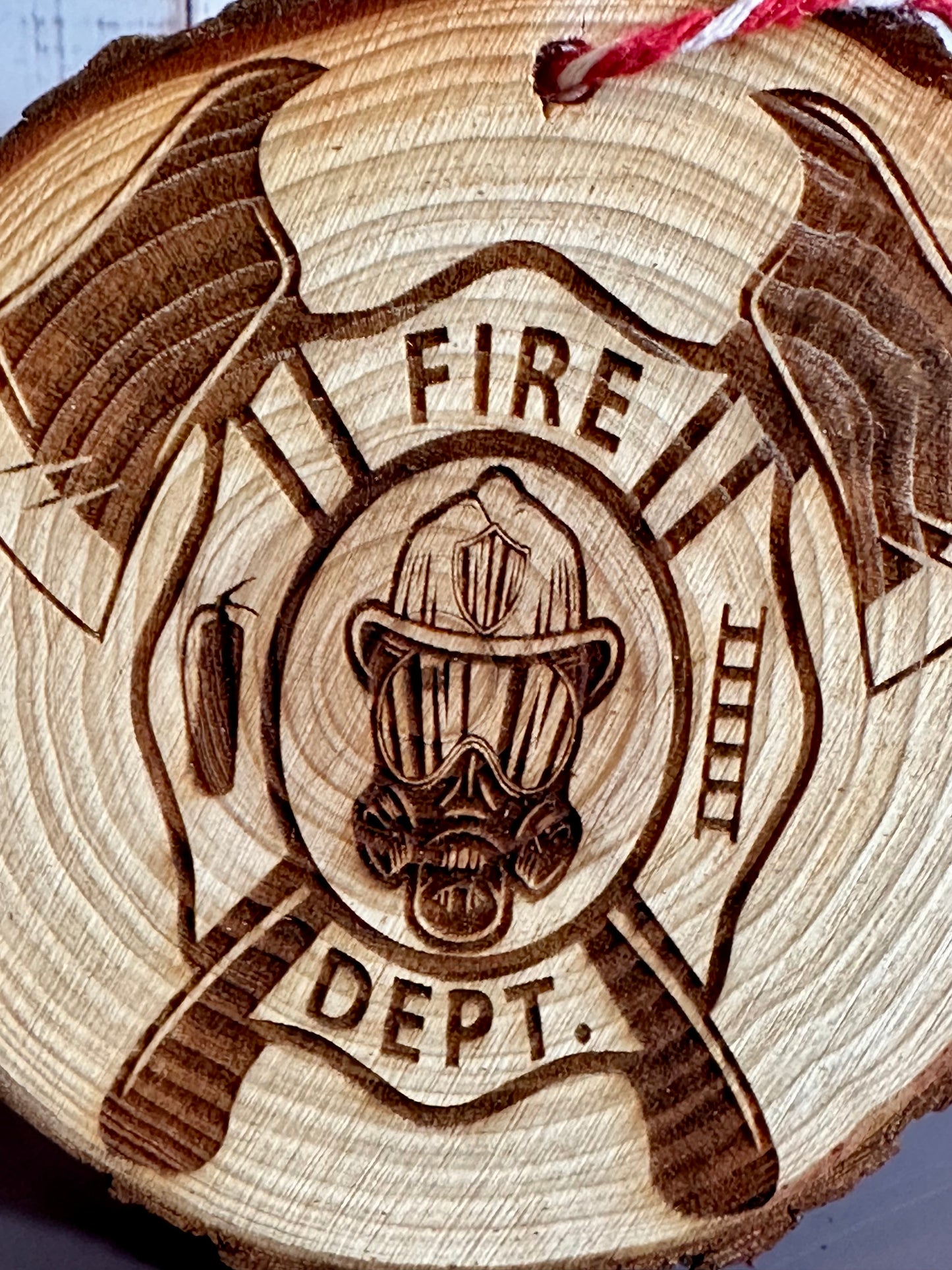 Engraved Live Edge Wooden Round Ornament - Fire Department Emblem