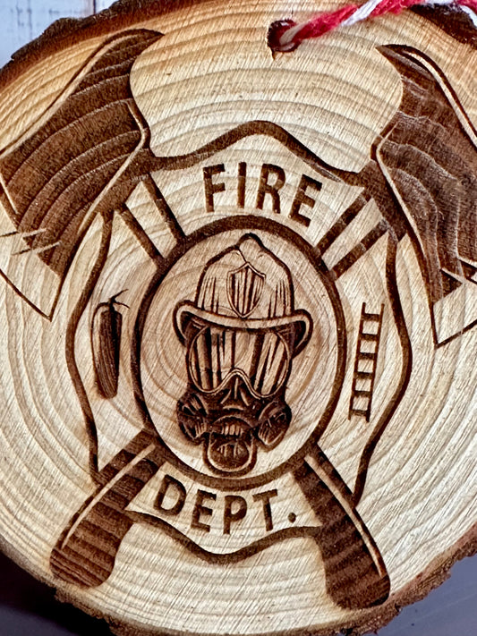 Engraved Live Edge Wooden Round Ornament - Fire Department Emblem