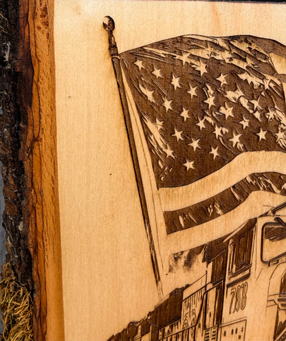 Plaque Live Edge Rectangular - Train 8793 with Flag and Desert Road