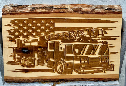 Firetruck with Flag Live Edge Rectangular Plaque