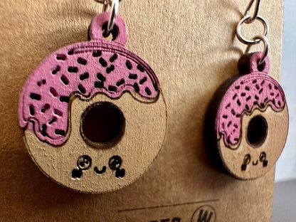 Wooden Engraved Dangle Earrings - Donut (One Pair)