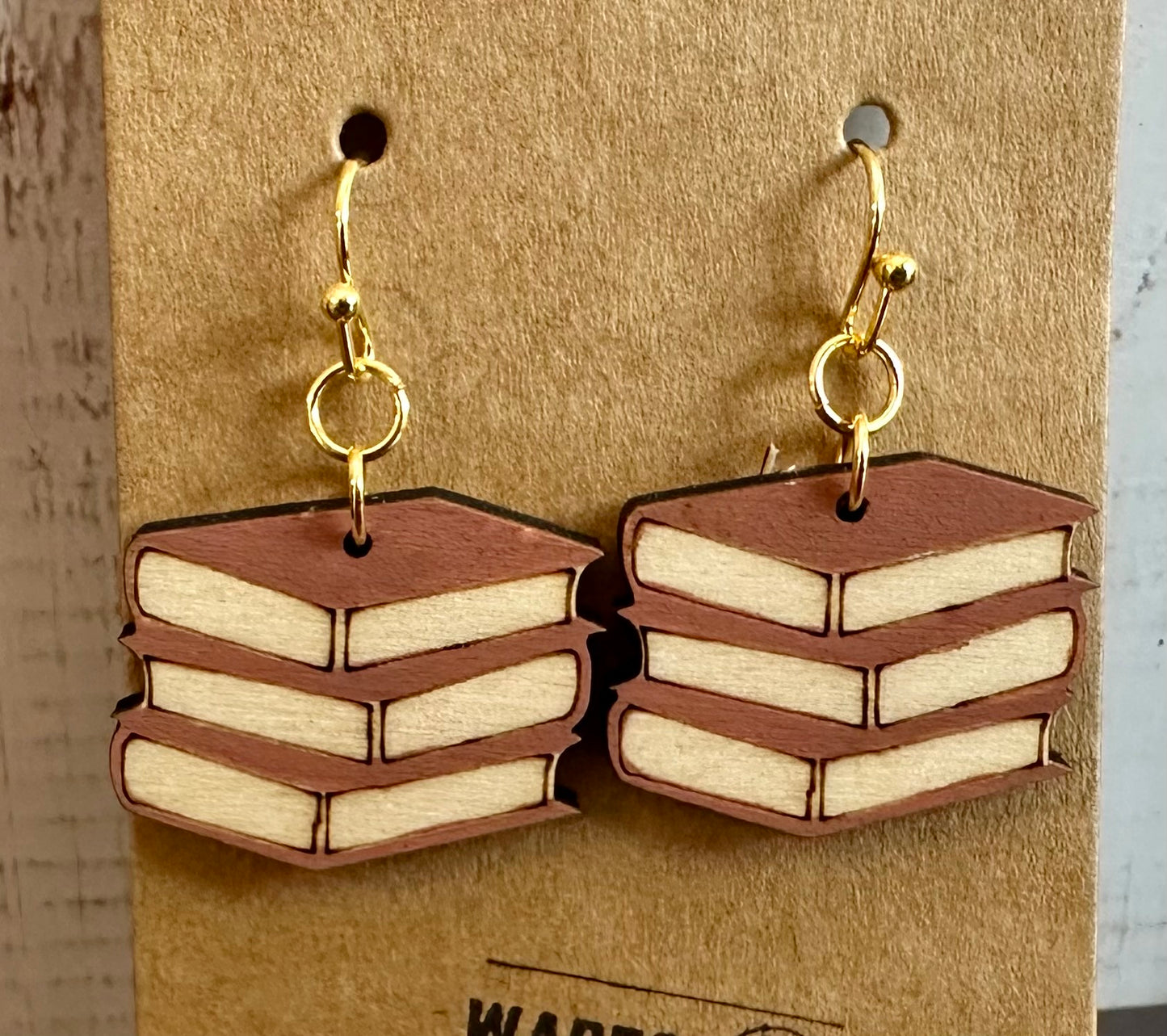 Wooden Engraved Dangle Earrings - Book Stack (One Pair)