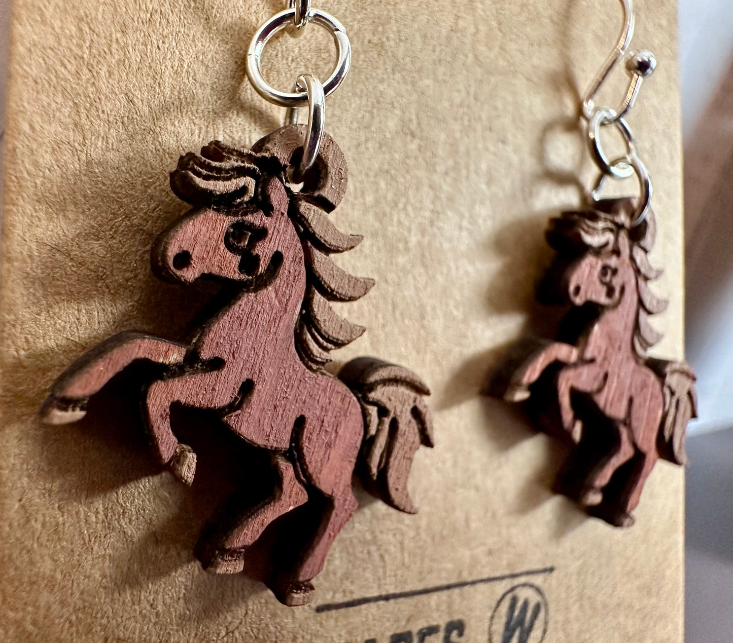 Wooden Engraved Dangle Earrings - Horse