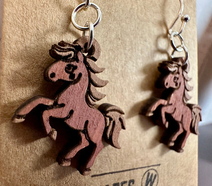 Wooden Engraved Dangle Earrings - Horse