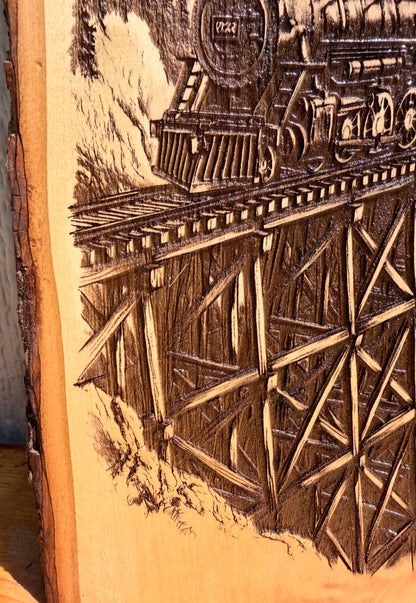 Plaque Live Edge Rectangular - Train on Trestle Bridge