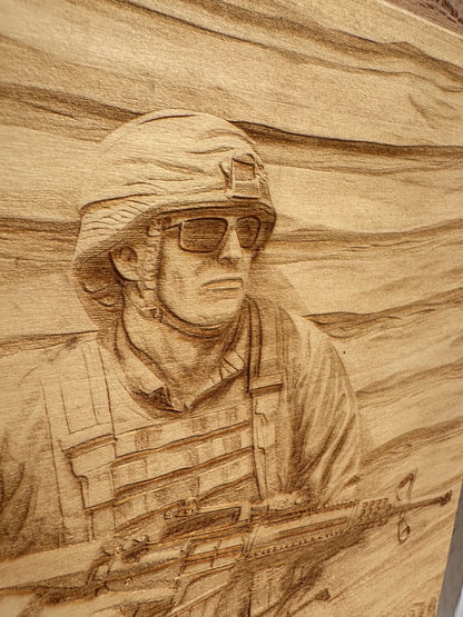 Military Soldier with Flag Background Live Edge Rectangular Plaque