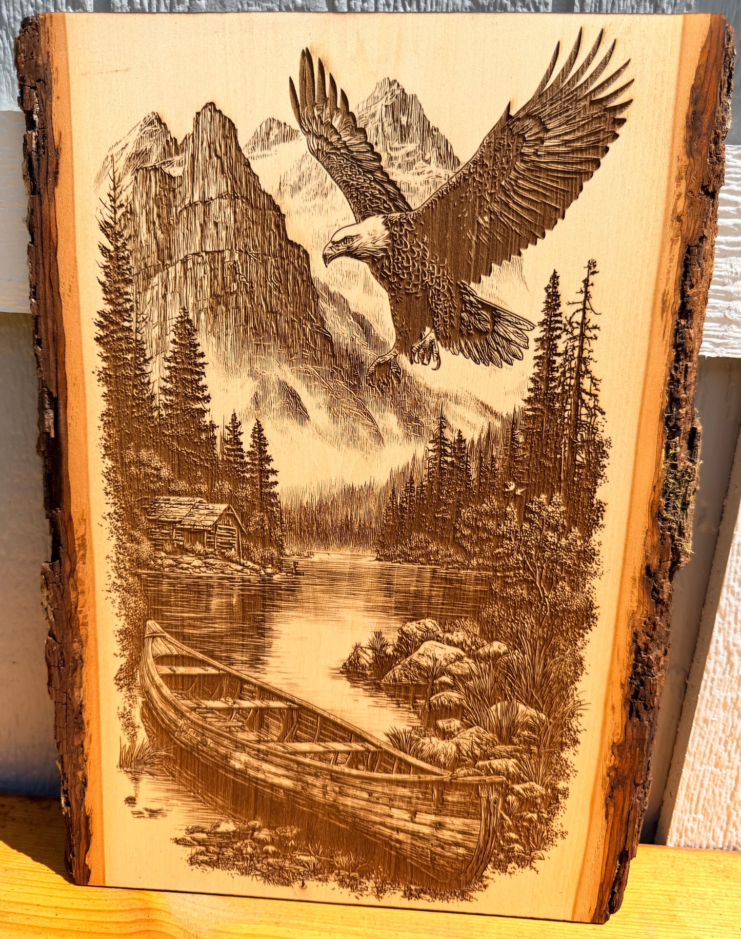 Plaque Live Edge Rectangular - Eagle Above Cabin and Canoe