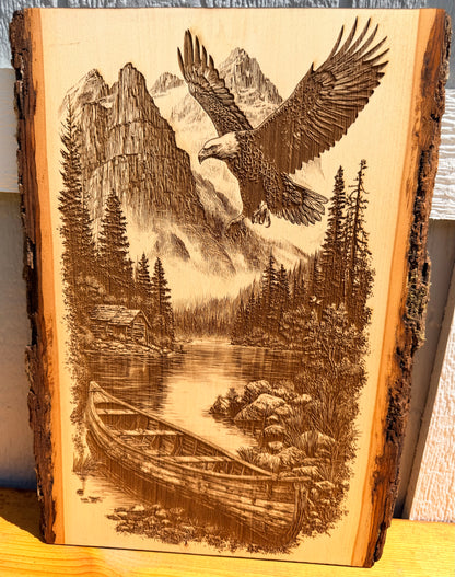 Plaque Live Edge Rectangular - Eagle Above Cabin and Canoe
