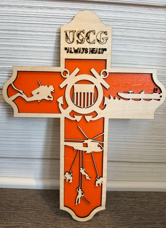 3D Layered and Engraved Wood Cross - Coast Guard