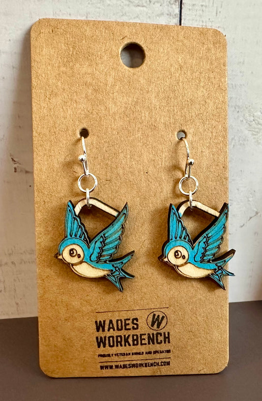 Wooden Engraved Dangle Earrings - Bluebird