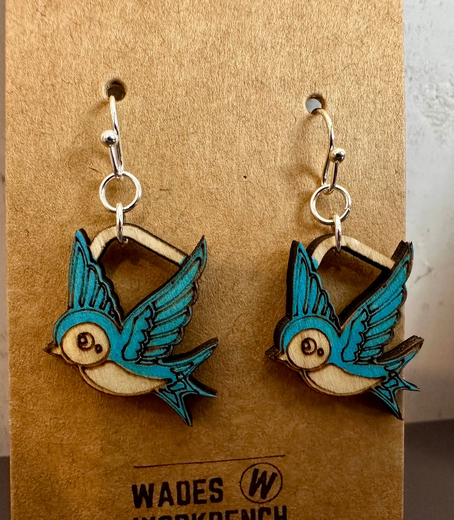 Wooden Engraved Dangle Earrings - Bluebird
