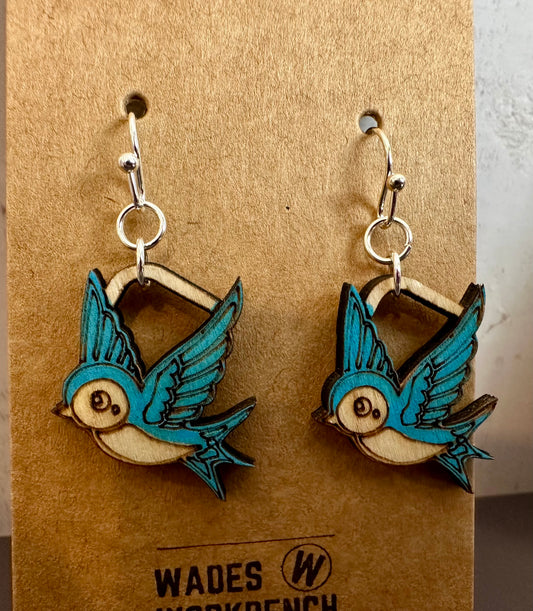 Wooden Engraved Dangle Earrings - Bluebird