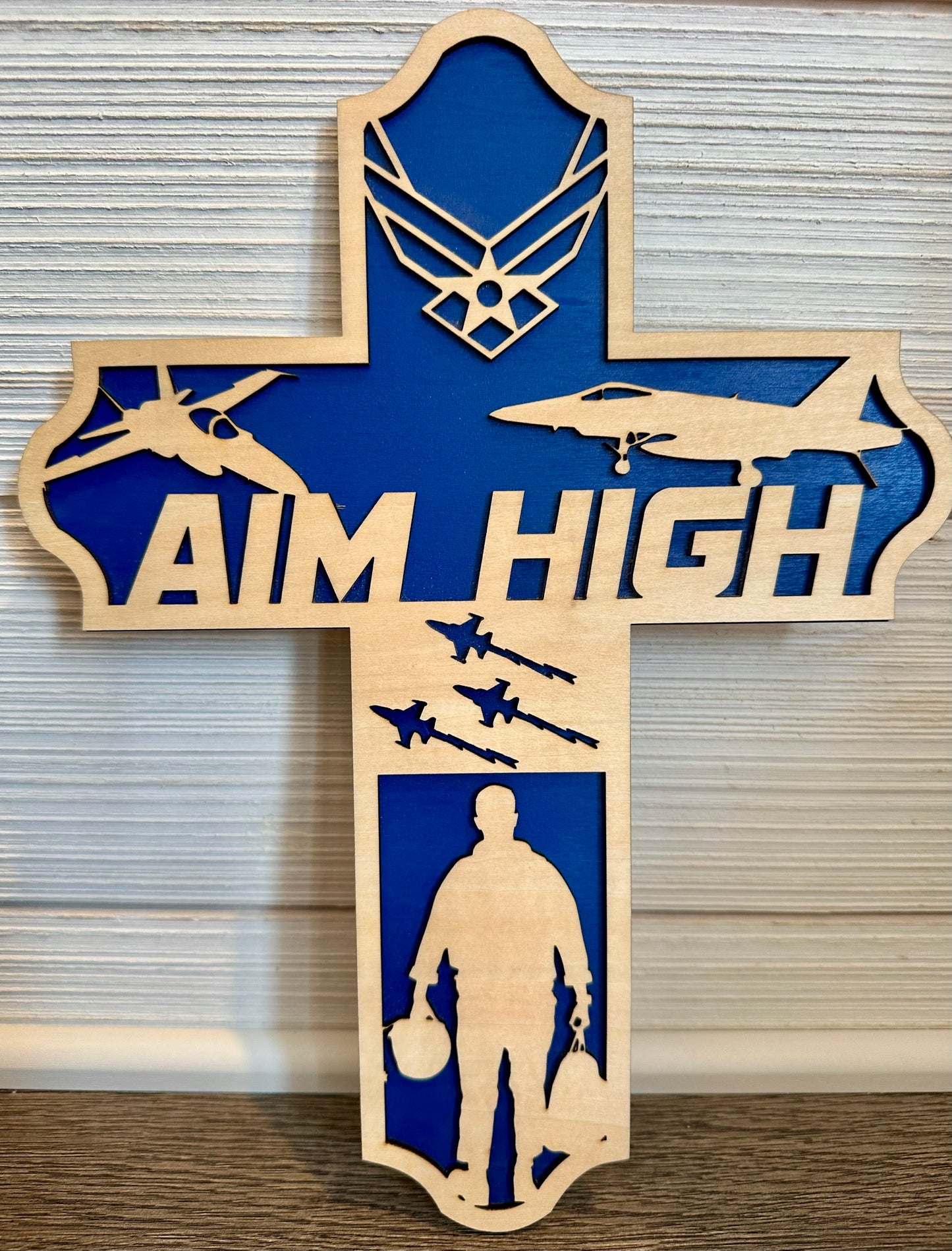 3D Layered and Engraved Wood Cross - Air Force