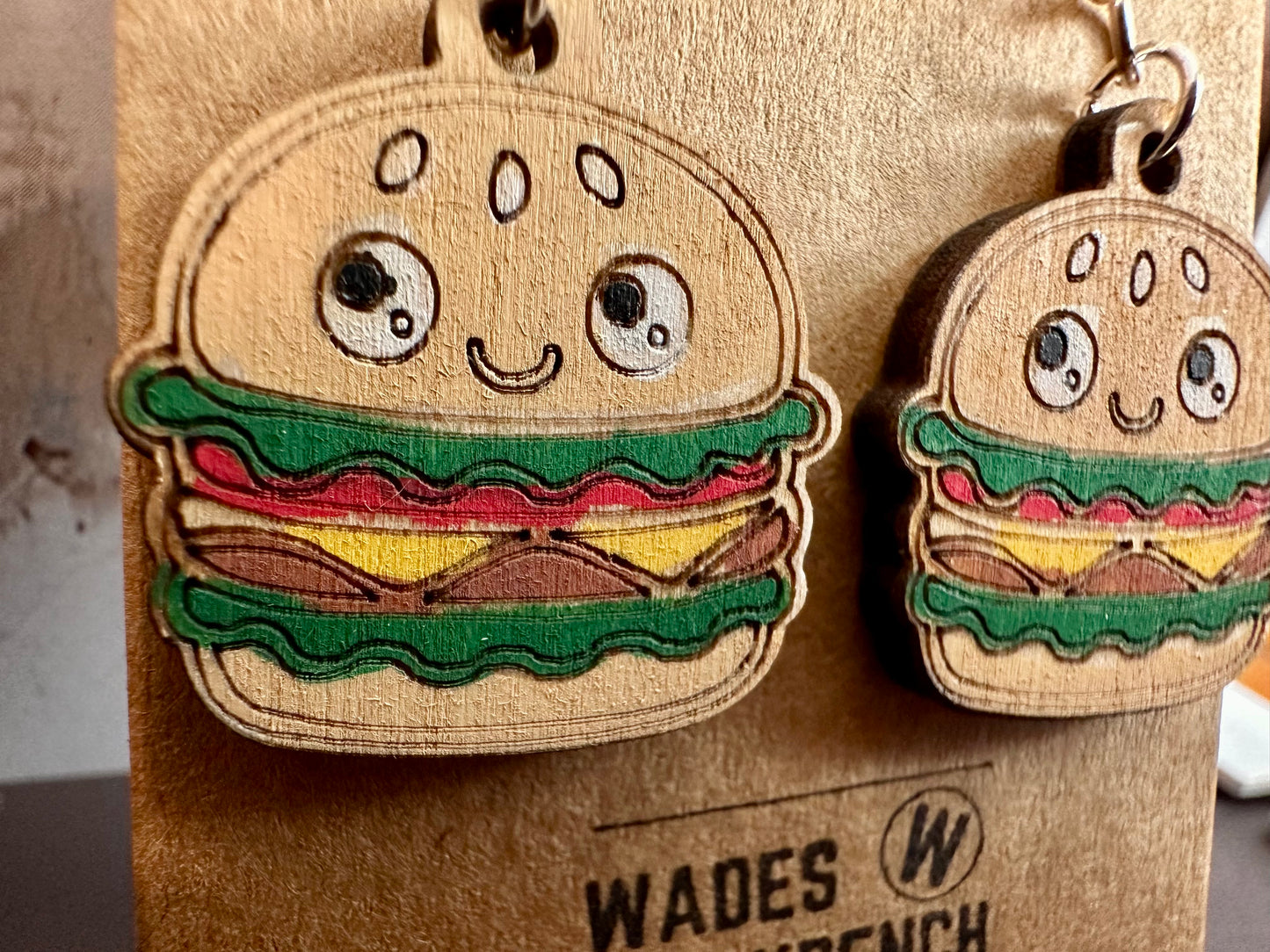 Wooden Engraved Dangle Earrings - Burger