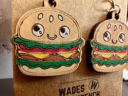 Wooden Engraved Dangle Earrings - Burger