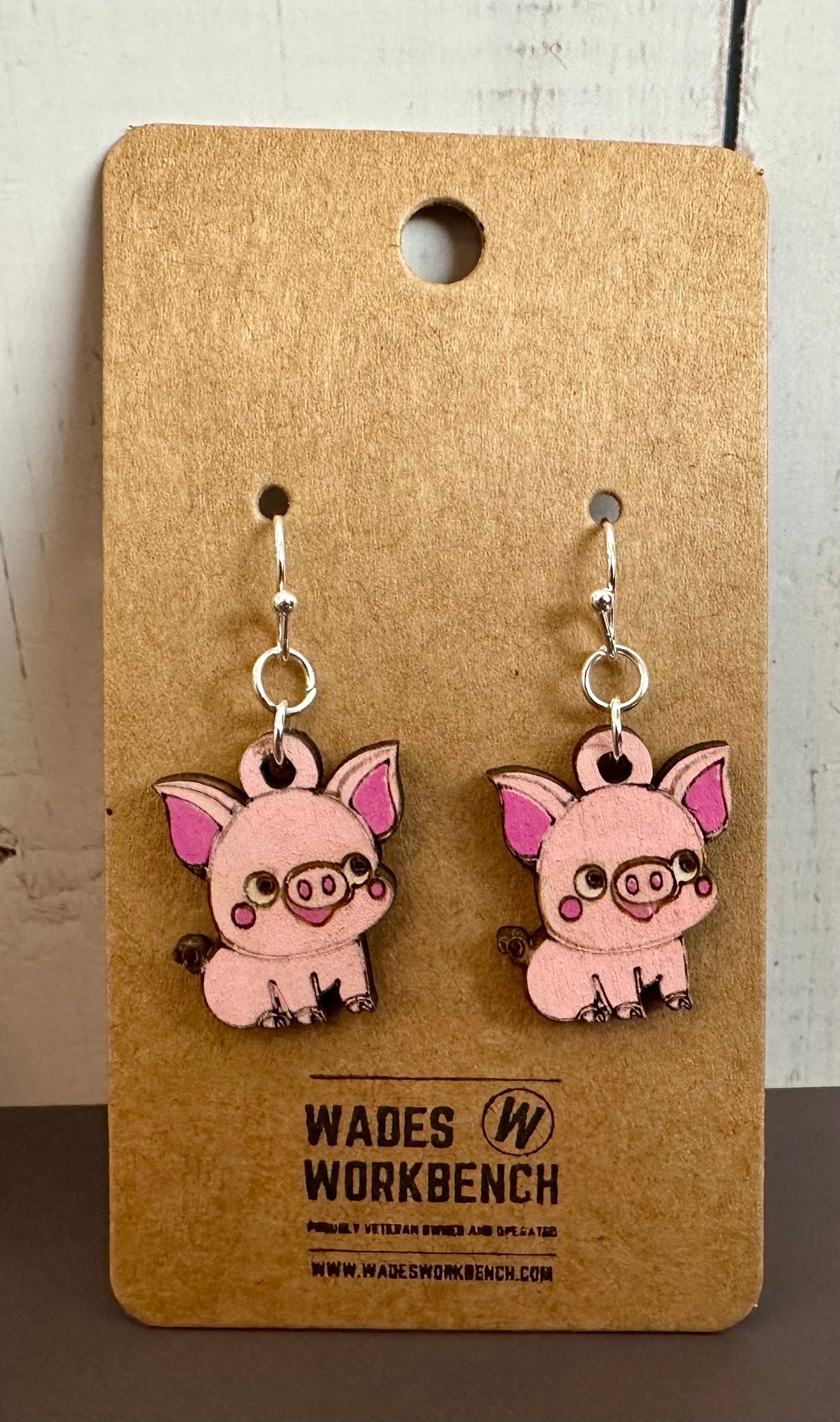 Wooden Engraved Dangle Earrings - Pig