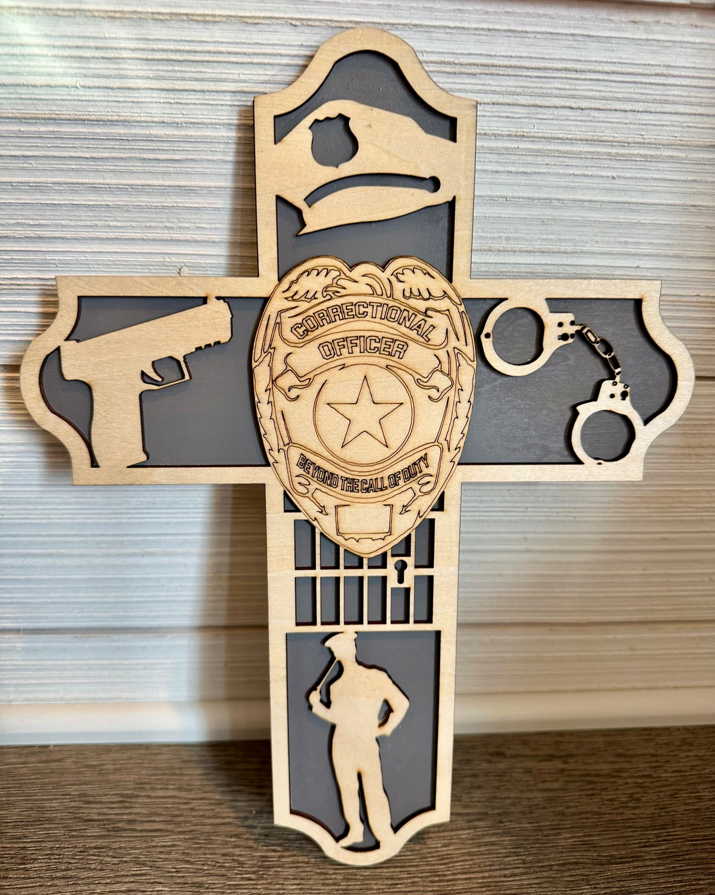 3D Layered and Engraved Wood Cross - Correctional Officer