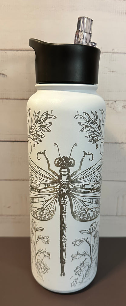 40oz. Insulated Water Bottle with Collapsible Straw Lid - White, Dragonfly