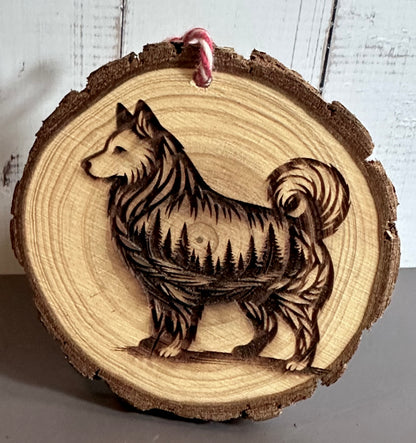 Engraved Live Edge Wooden Round Ornament - Husky with Inner Wilderness Scene