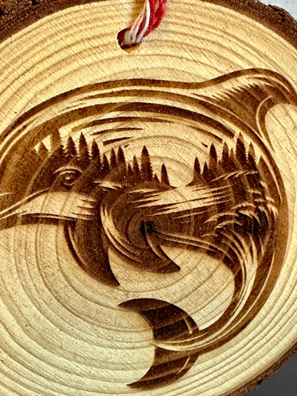 Engraved Live Edge Wooden Round Ornament - Dolphin with Inner Wilderness Scene