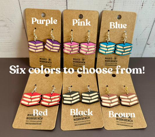 Wooden Engraved Dangle Earrings - Book Stack (One Pair)