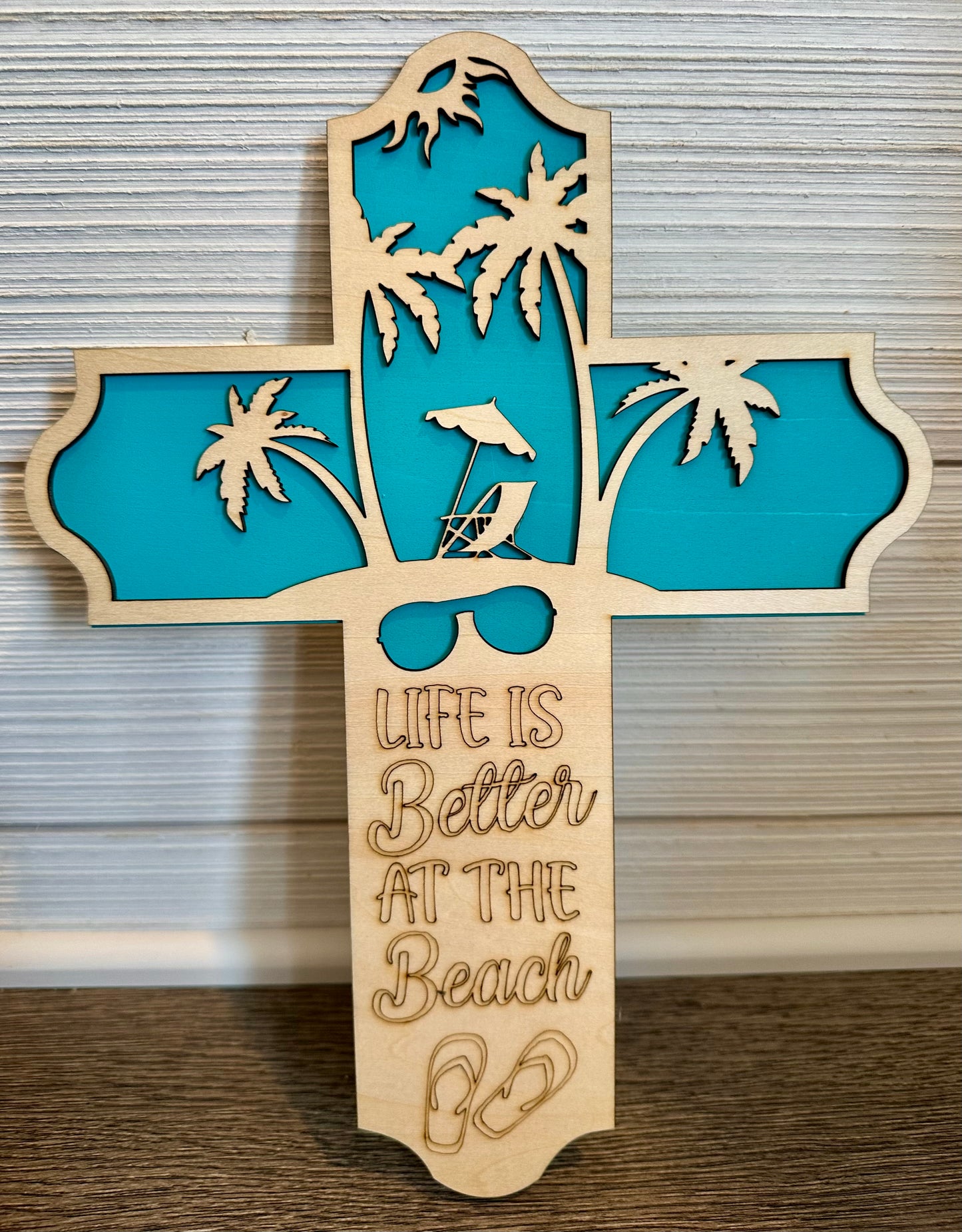 3D Layered and Engraved Wood Cross - Better at the Beach