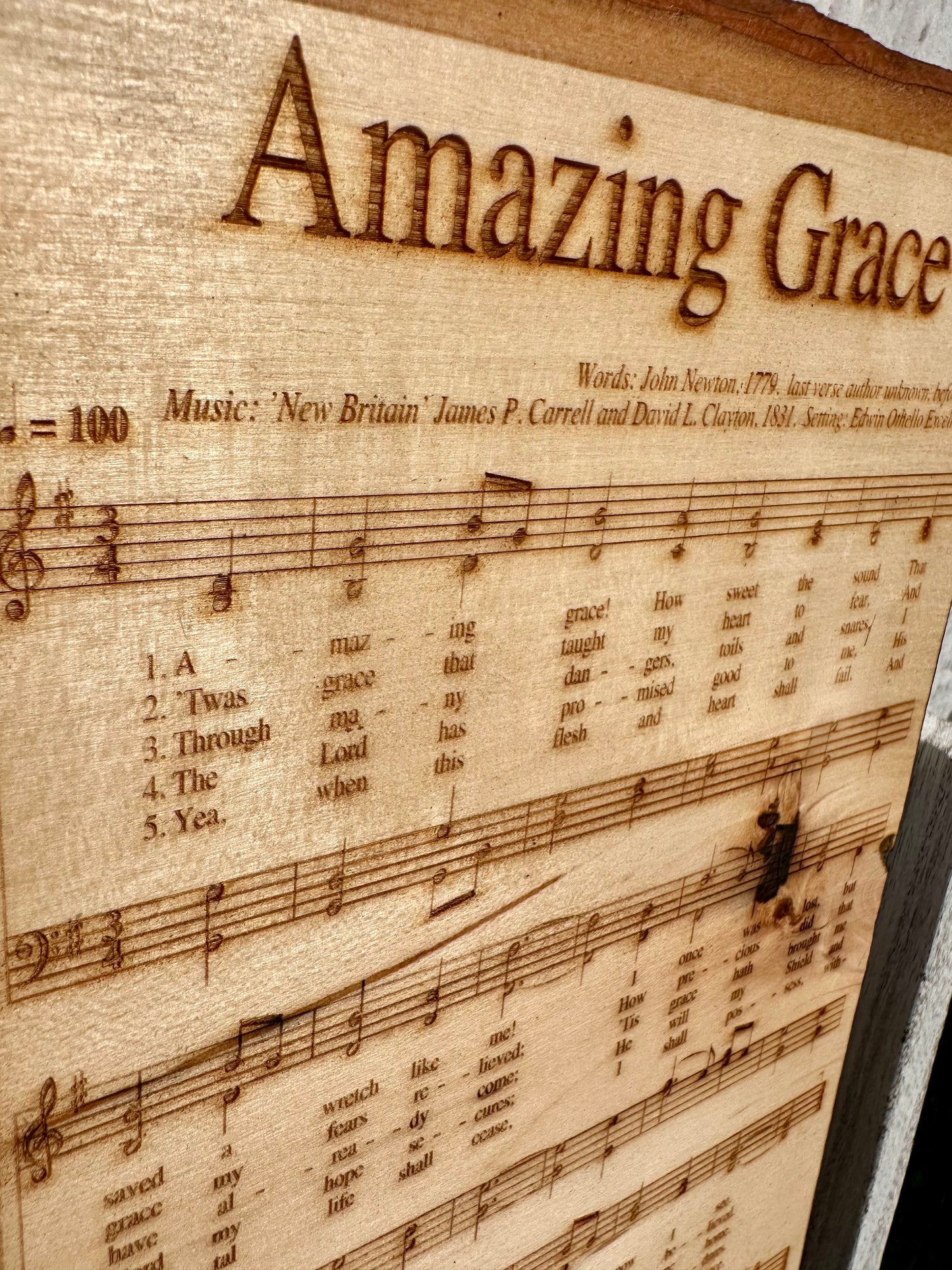 Amazing Grace Music Sheet and Church with Flag Live Edge Rectangular Plaque