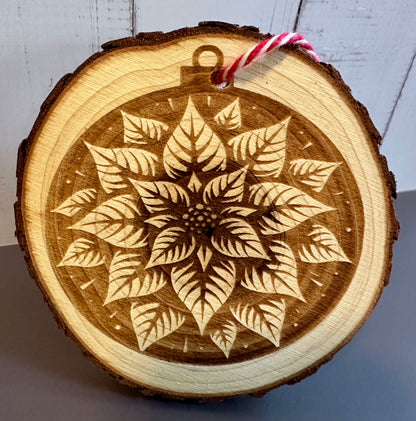 Engraved Live Edge Wooden Round Ornament - Poinsettia Flower