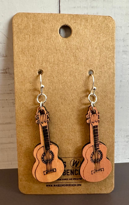 Wooden Engraved Dangle Earrings - Guitar