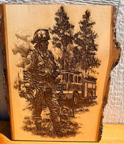 Plaque Live Edge Rectangular - Fireman with Firetruck