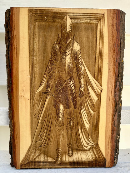 Knight in Armor with Sword Live Edge Rectangular Plaque