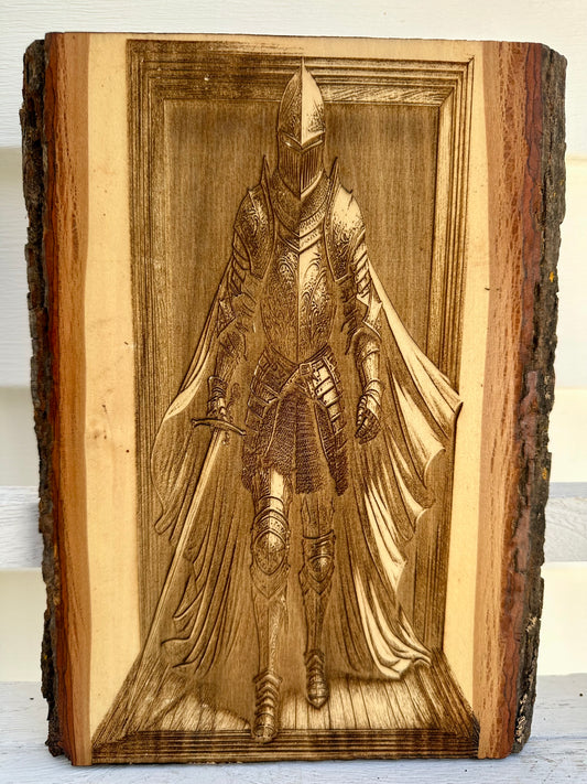 Knight in Armor with Sword Live Edge Rectangular Plaque