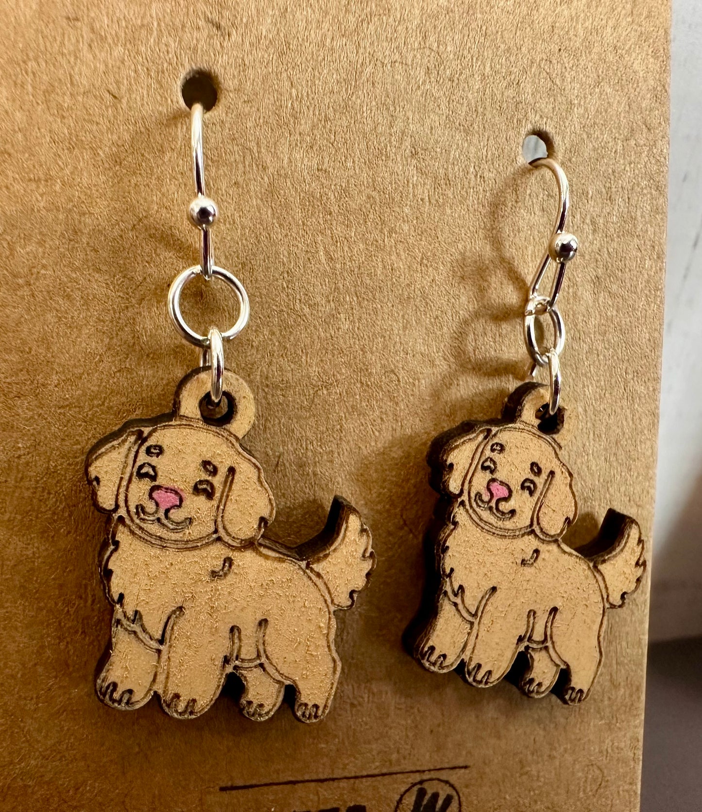 Wooden Engraved Dangle Earrings - Dog