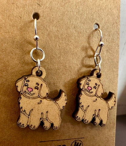 Wooden Engraved Dangle Earrings - Dog