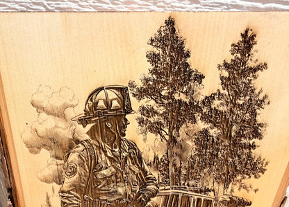 Plaque Live Edge Rectangular - Fireman with Firetruck
